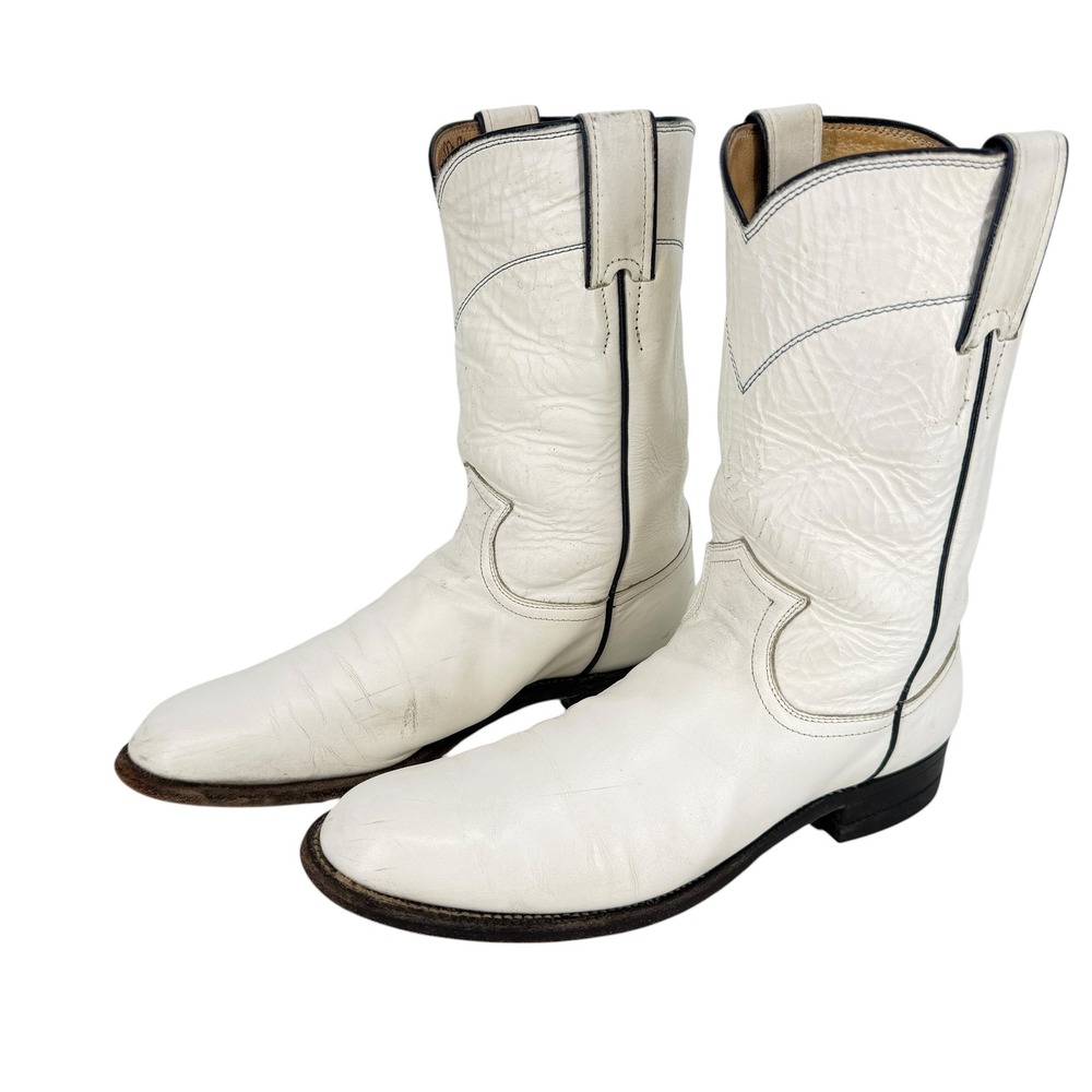 Justin White Leather Roper Western Cowboy Boots Womens 8B Round Toe USA Vintage